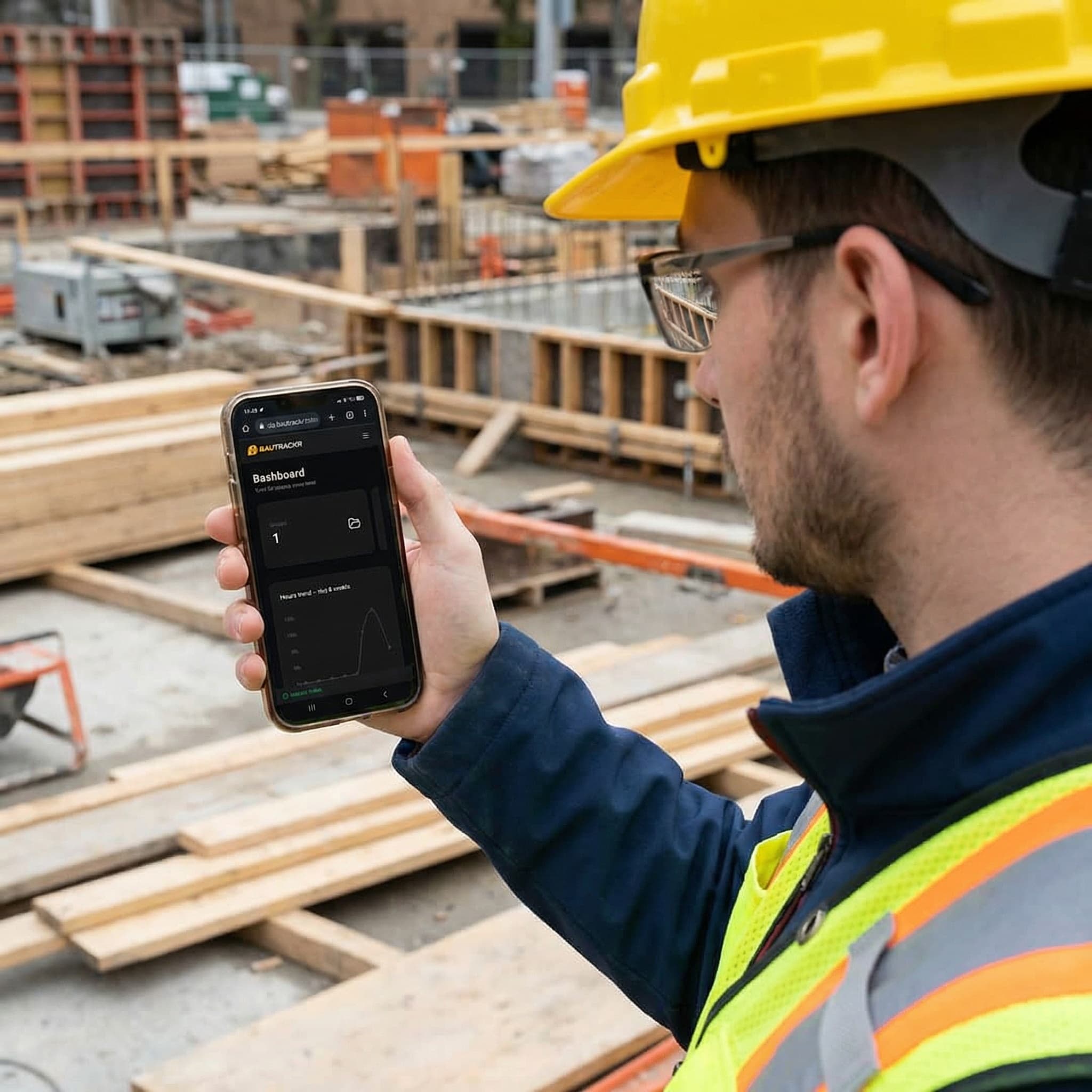Voditelj gradilišta koristi BAUTRACKR aplikaciju na mobilnom telefonu za evidenciju radnih sati